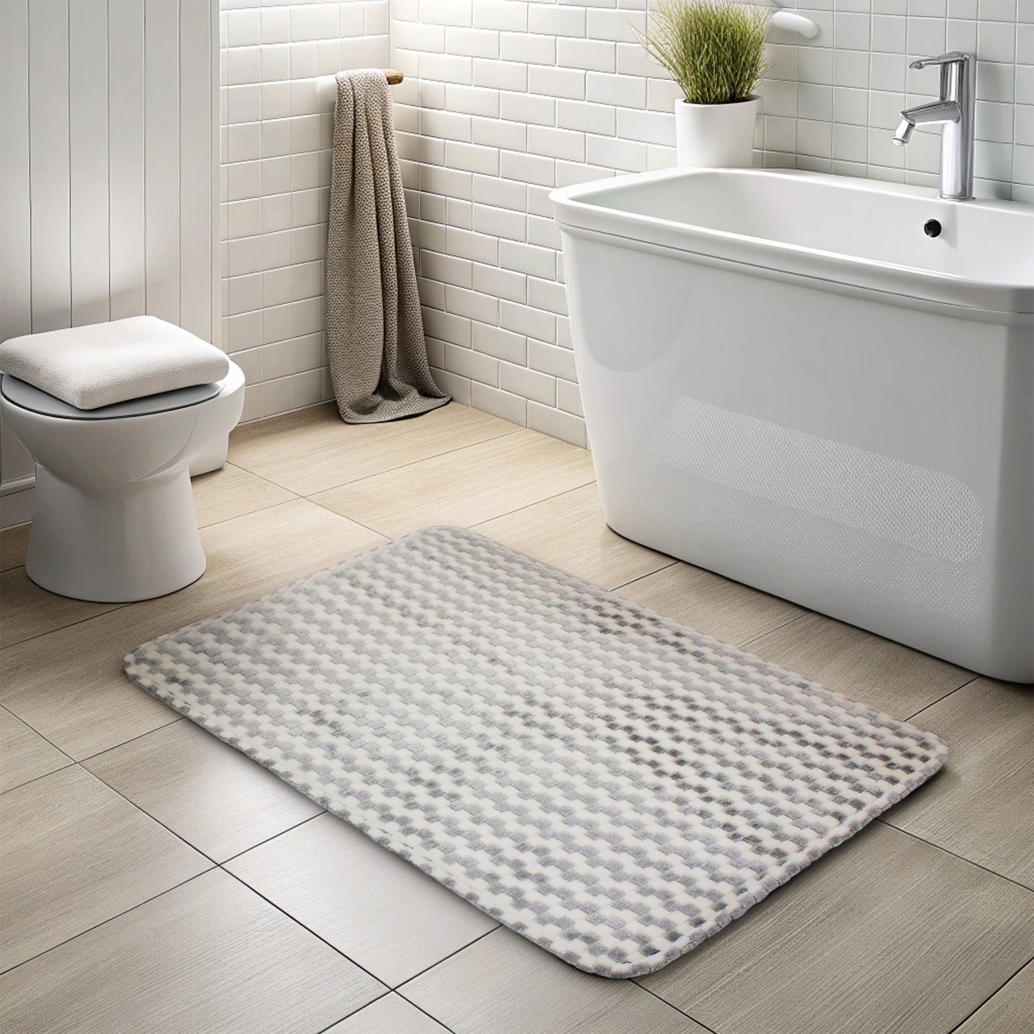 Alfombra de Baño Memory Foam 50x80 cm Cuadros Silver