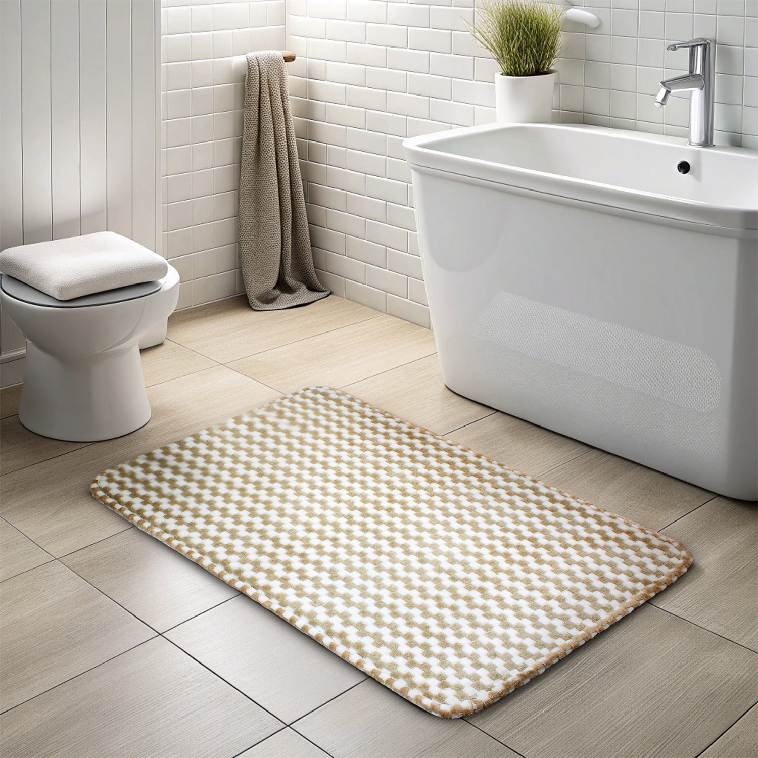 Alfombra de Baño Memory Foam 50x80 cm Cuadros beige