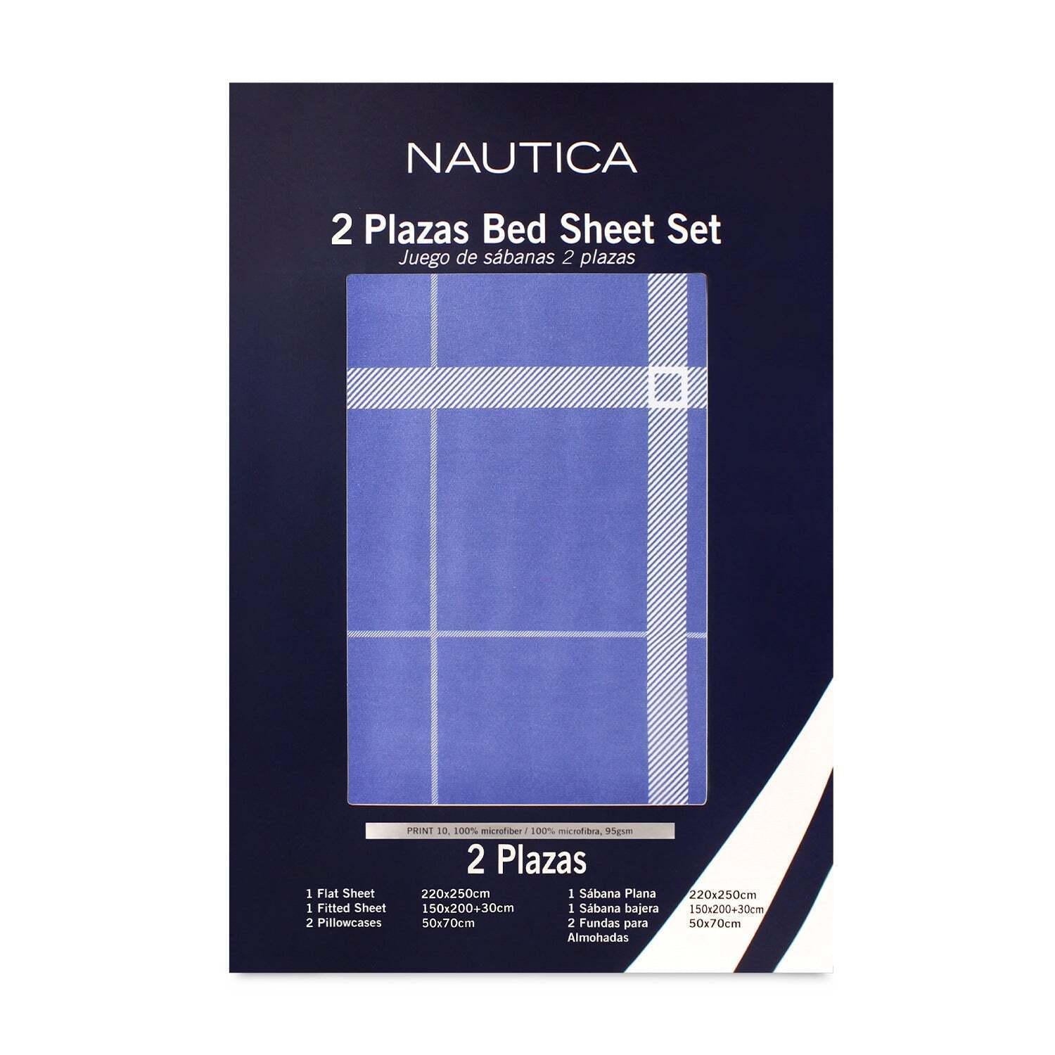 Juego de sábanas 4 piezas 2 plazas a cuadros azul